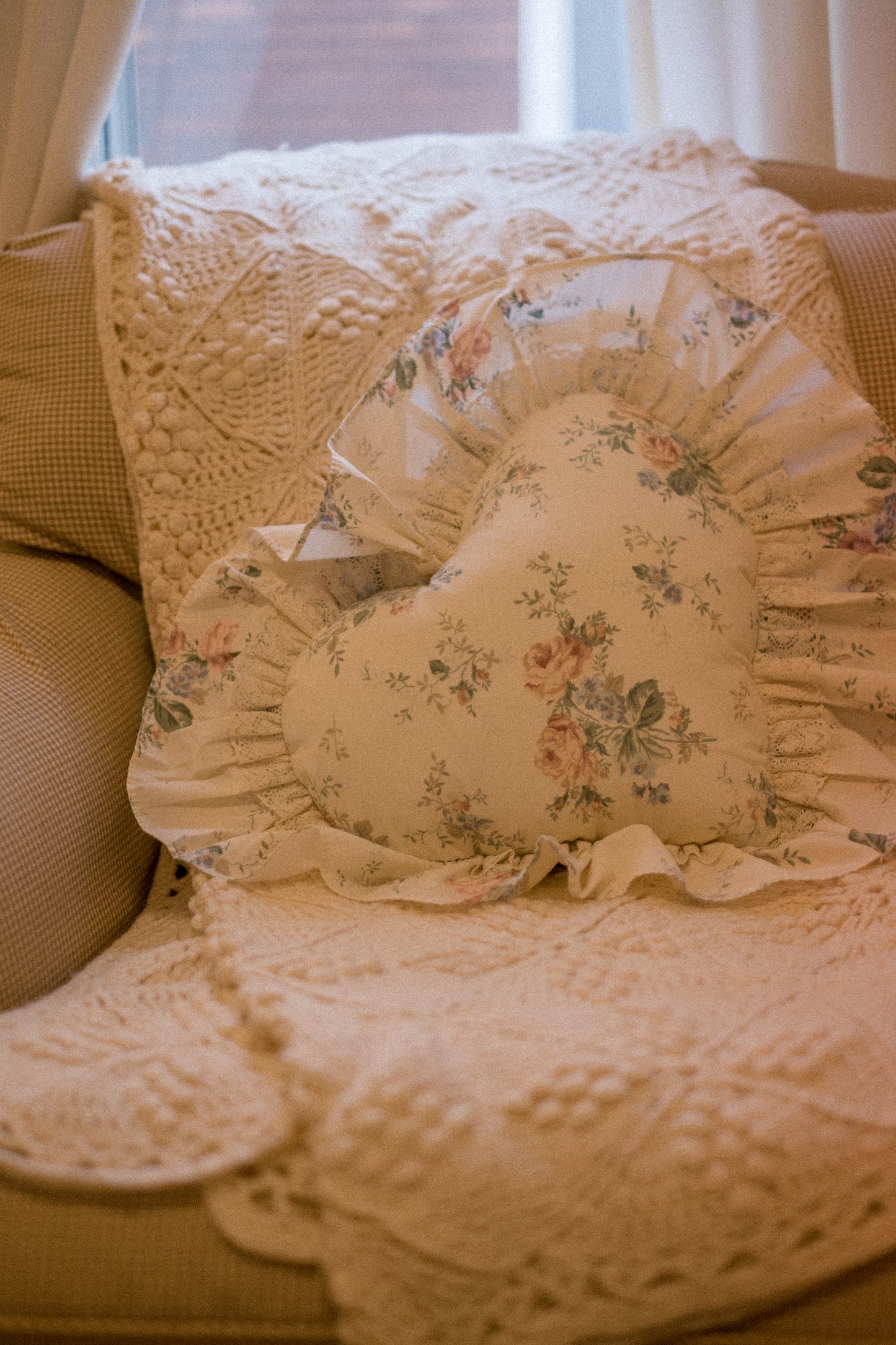 Handmade ruffled heart pillow - glistening snow