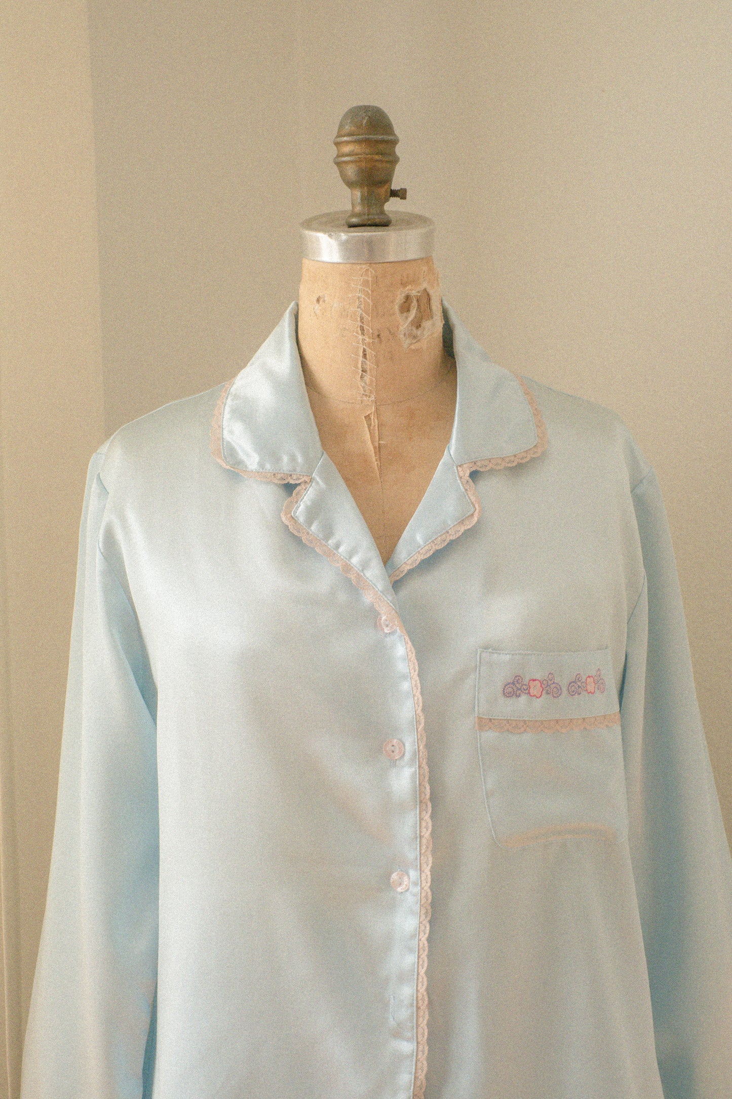 Vintage baby blue satin embroidered pyjama set