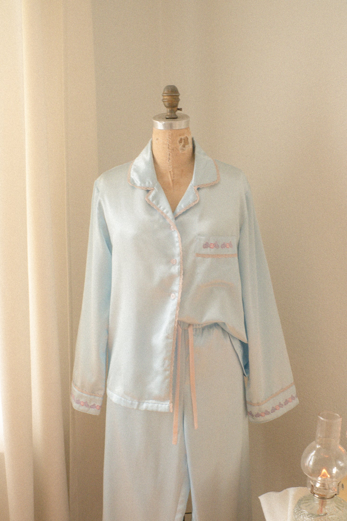 Vintage baby blue satin embroidered pyjama set