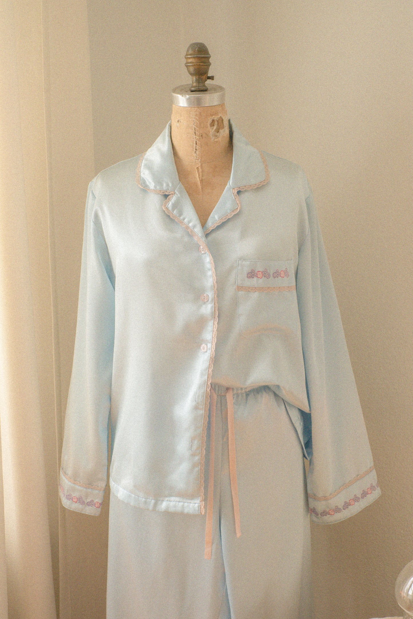 Vintage baby blue satin embroidered pyjama set