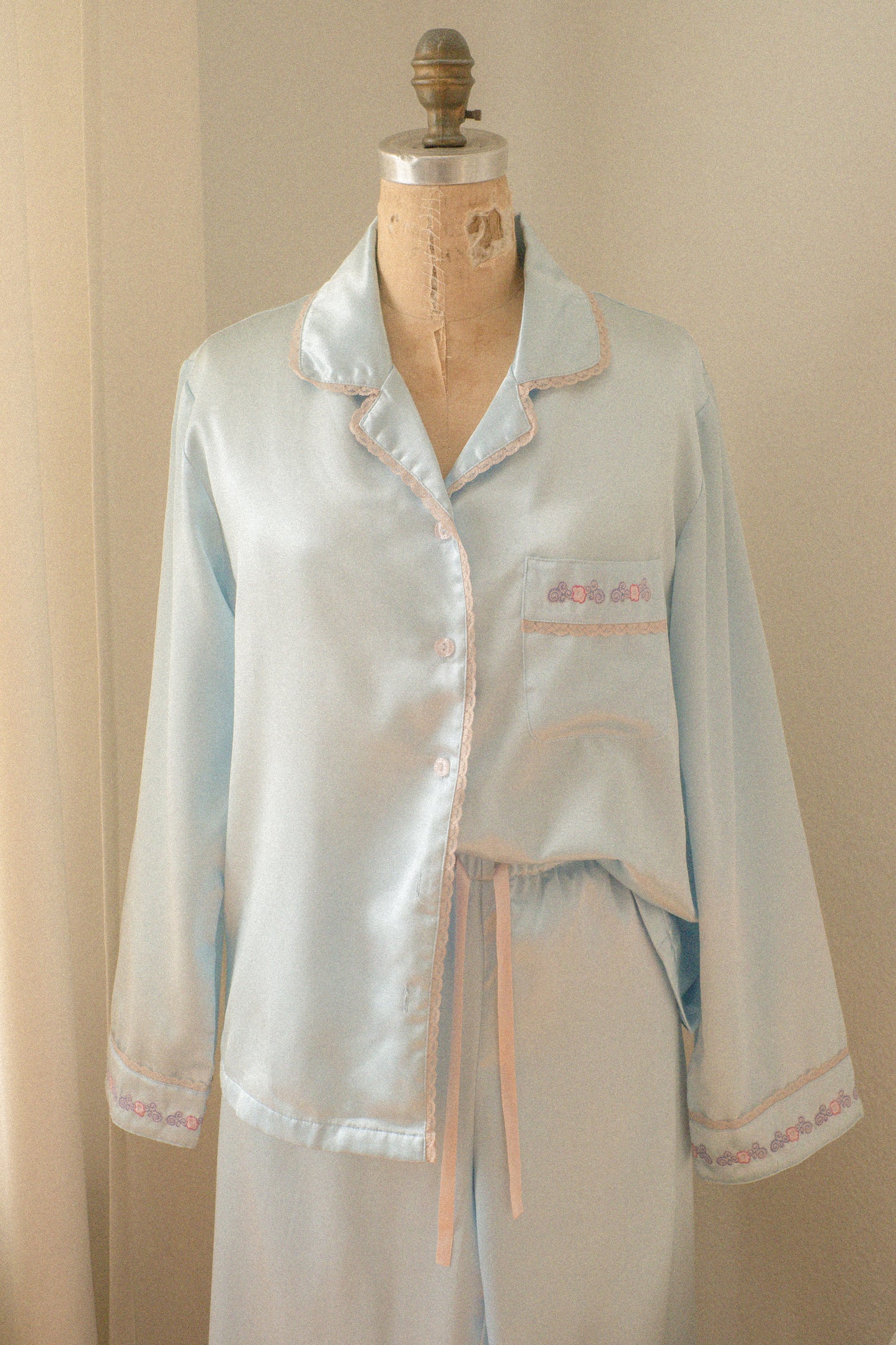 Vintage baby blue satin embroidered pyjama set