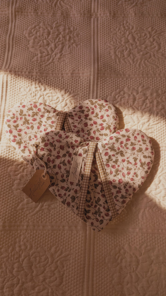 Handmade heart shaped oven mitts - strawberry fields