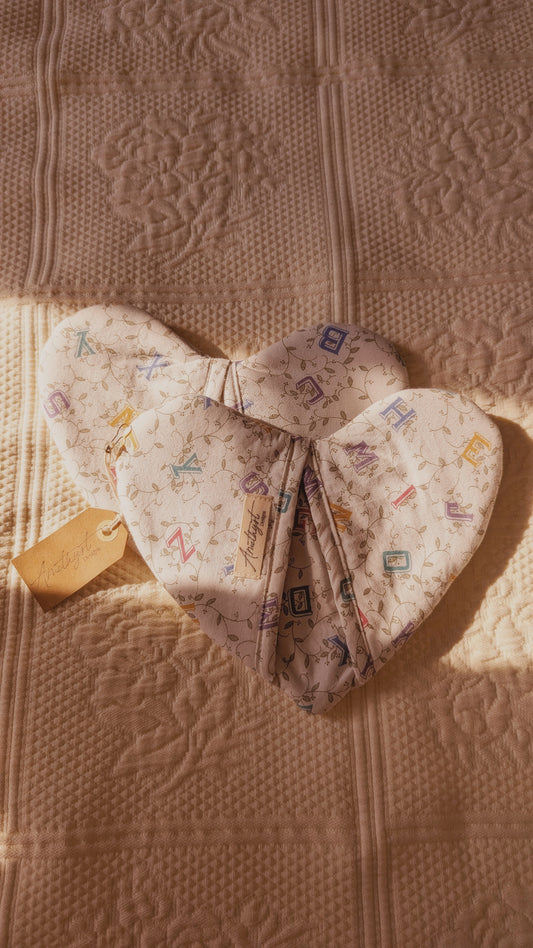 Handmade heart shaped oven mitts (pair) - alphabet soup