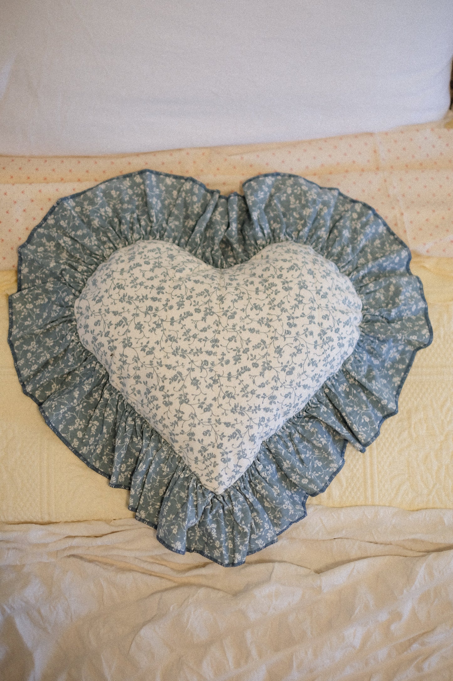 Handmade ruffled heart pillow - Something blue ♡